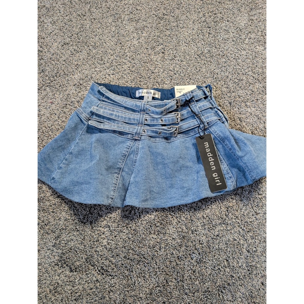 Madden Girl Blue Denim Bubble Skirt Triple Buckle Mini S‎ NEW